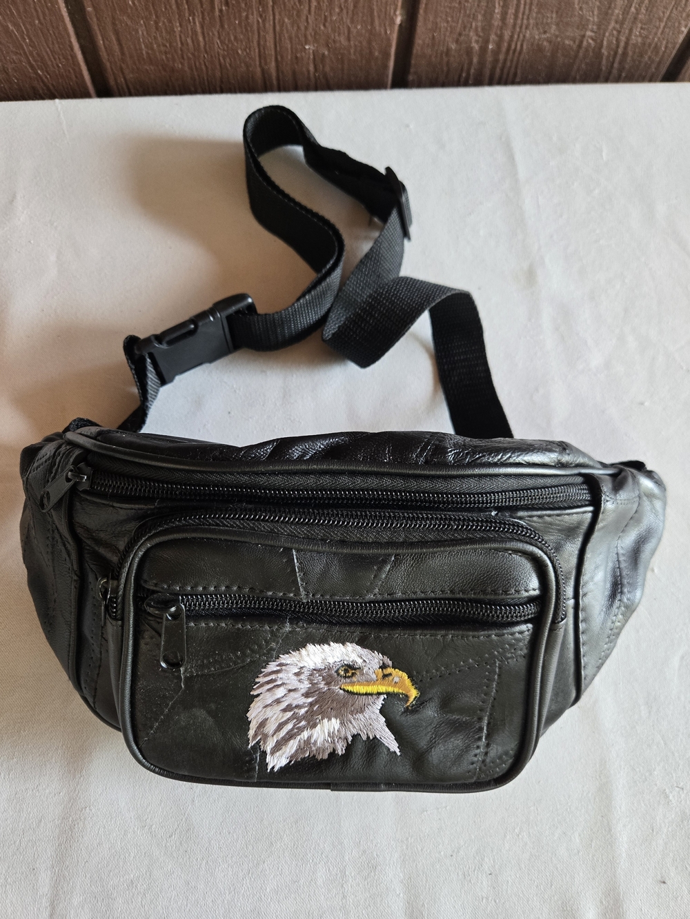 Black Eagle Embroidered Leather Waist Bag - Hip Pack Vintage